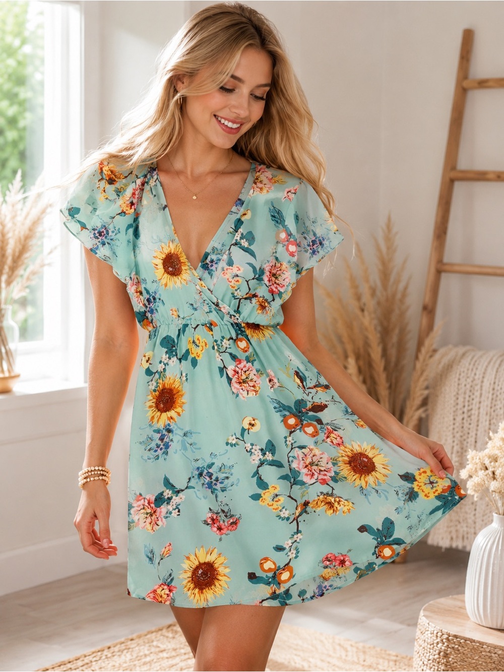 Forever 21 sage Green Floral Wrap Dress Sunflower Boho cottagecore Vintage